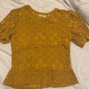 Nightcap, girls size 12 mustard yelloww peplum puff sleeve embroidered top